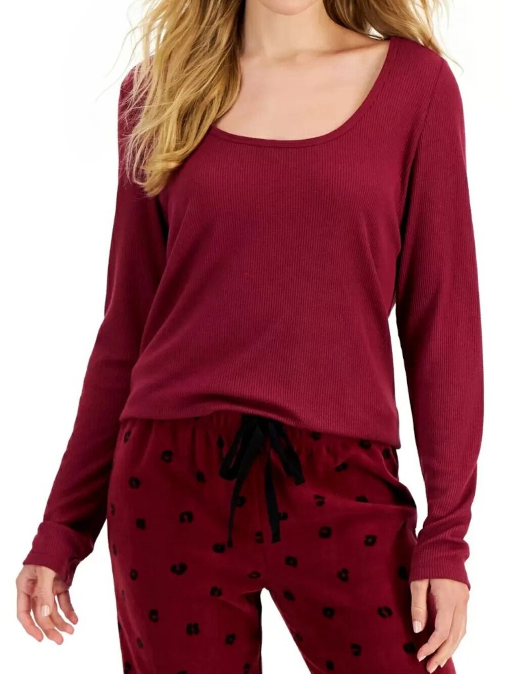 Jenni Intimates Women's Long-Sleeve Waffle-Knit Pajama Top, Plum Wine Red, XS